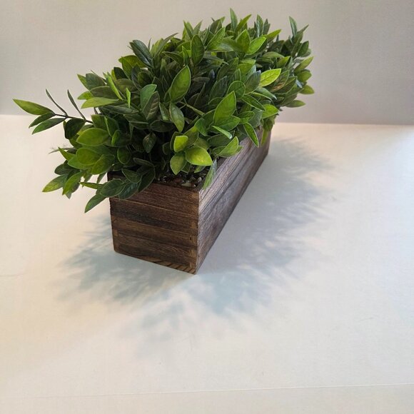 Rustic Faux Greenery in Wooden Planter Box w/Natural Pebble River Rock Detailing - Picture 4 of 11